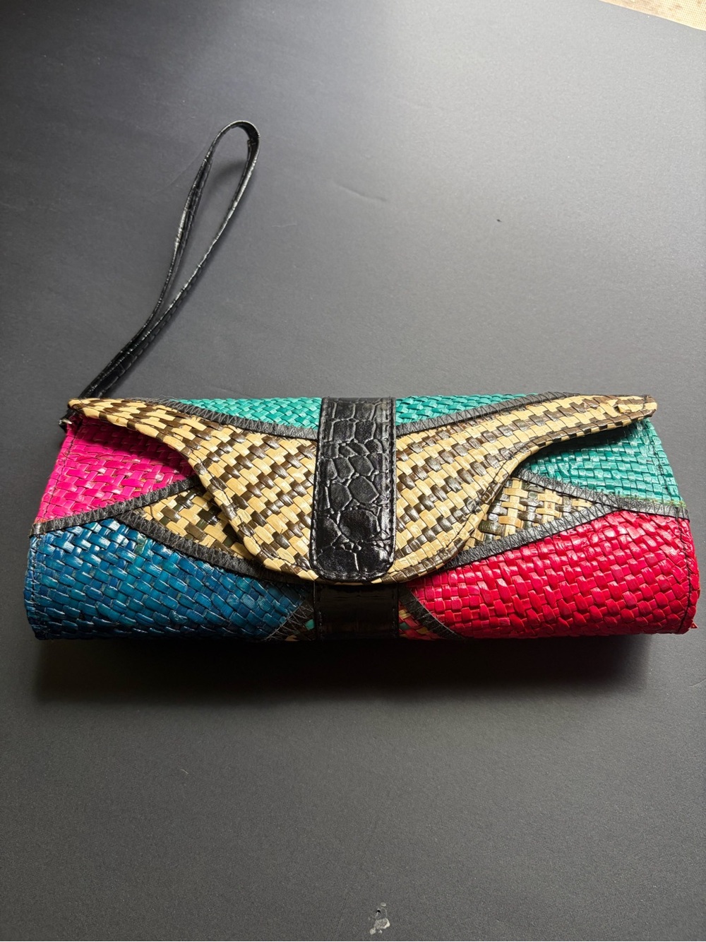 Vintage Boho Woven Straw Clutch Wristlet Colorblock Rainbow Faux Croc Trim